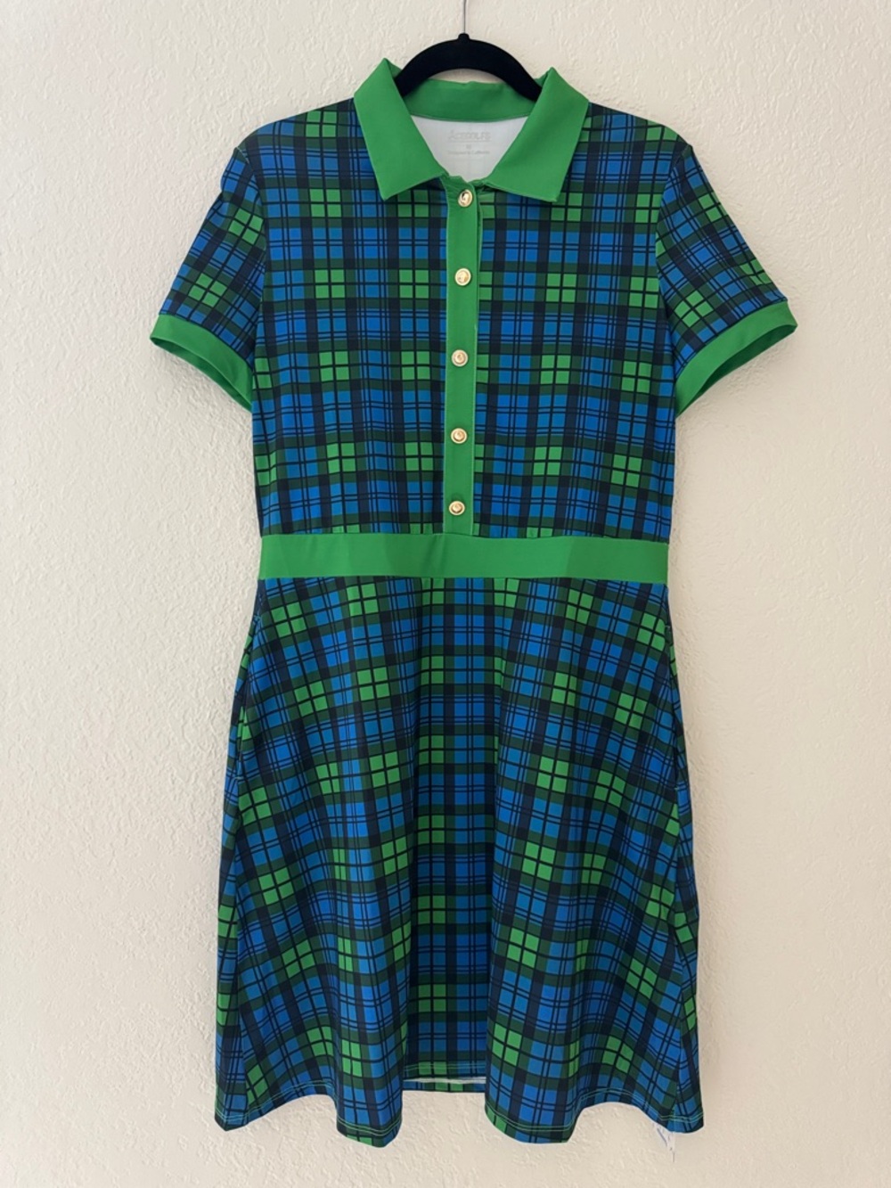 AceGolfs Green and Blue Plaid Golf Dress M NWT Collared Button Front - Picture 6 of 12